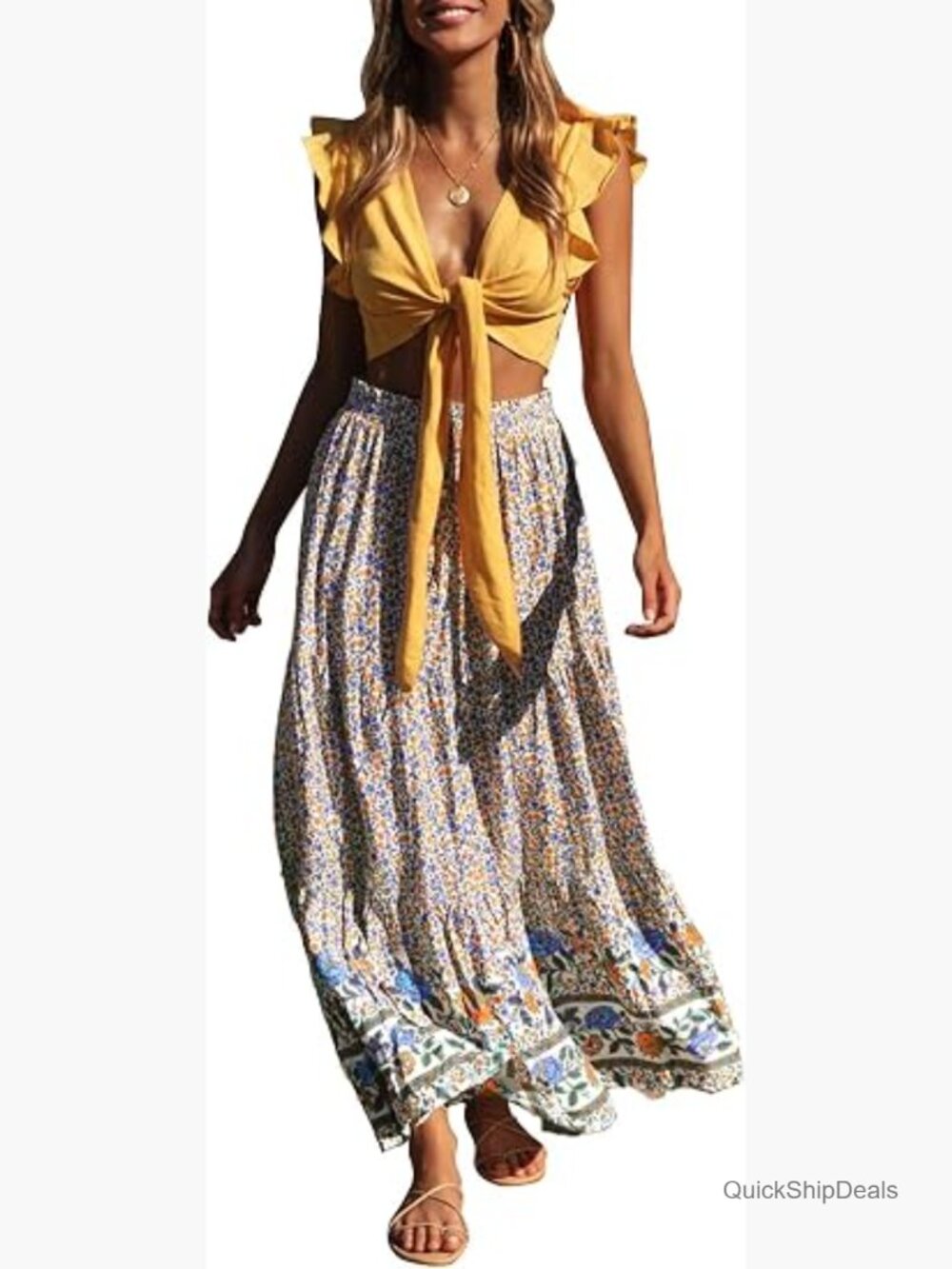 Bohemian Floral Print Elastic Waist A-Line Maxi Skirt with Pockets